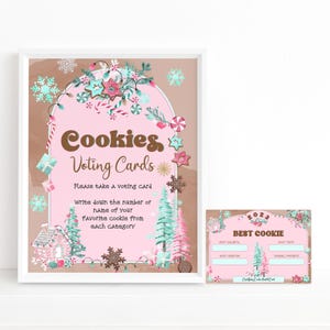 Keksbörse Stimmzettel, Weihnachtskekse Austausch Partyschild und Voting Cards Printable, Pink Mint Grün Braun Dekor, Bearbeitbar P843
