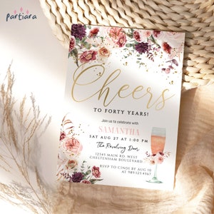 Convite para 40º aniversário Cheers to Forty Years Ladies Dinner Party Invite Template, Blush Pink Floral Champagne Brunch Card, Imprimível P173