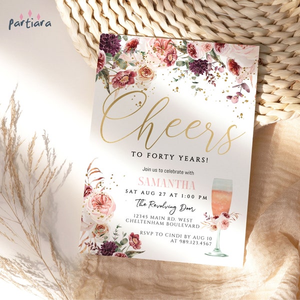 DIY 40th Birthday Invitation Editable Template Fall Blush Rose Gold Floral Surprise Party Printable Invite for Women Cheers to 40 Years P173