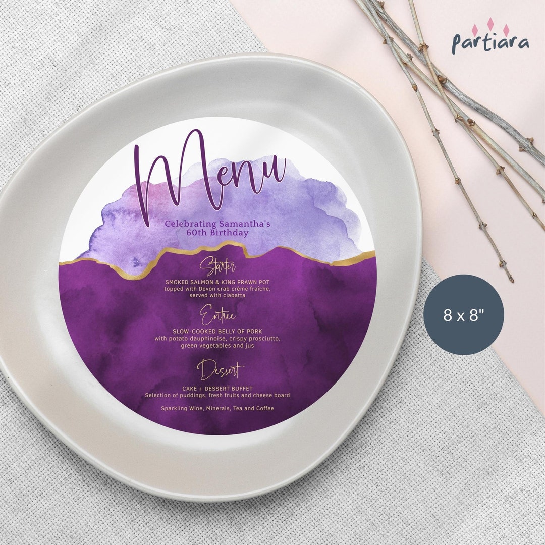Editable Plate Charger Menu Card Template Purple Gold Ladies Etsy