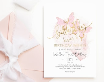Butterfly Kisses Birthday Wishes Invitation Template: Pink Butterflies Printable P293