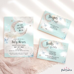Baby Moon Invite Boy Baby Shower Over the Moon Party Invitation Bundle Set with Inserts Pastel Blue Beige Stars Decor Editable Download P818