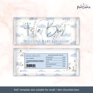 Boy Baby Shower Candy Bar Favor Labels Printable Pastel Blue Gold Rainbow Clouds Theme Baby Sprinkle Chocolate Label Editable Download P136