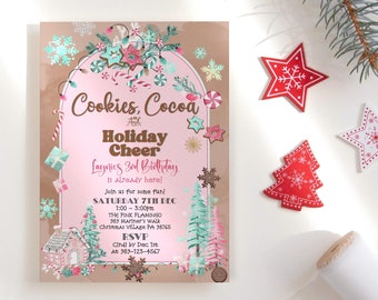 May include: A festive invitation with a pink and gold color scheme, featuring the text "Cookies, Cocoa, and Holiday Cheer." The invitation includes decorative elements like snowflakes, gingerbread cookies, and Christmas trees. Additional decorations include red star and tree cutouts.
