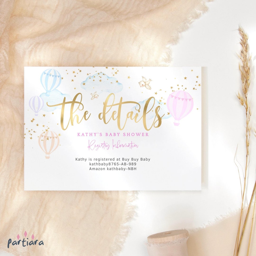 Girl Baby Shower Registry Insert Card Printable Pastel Rainbow Hot Air ...
