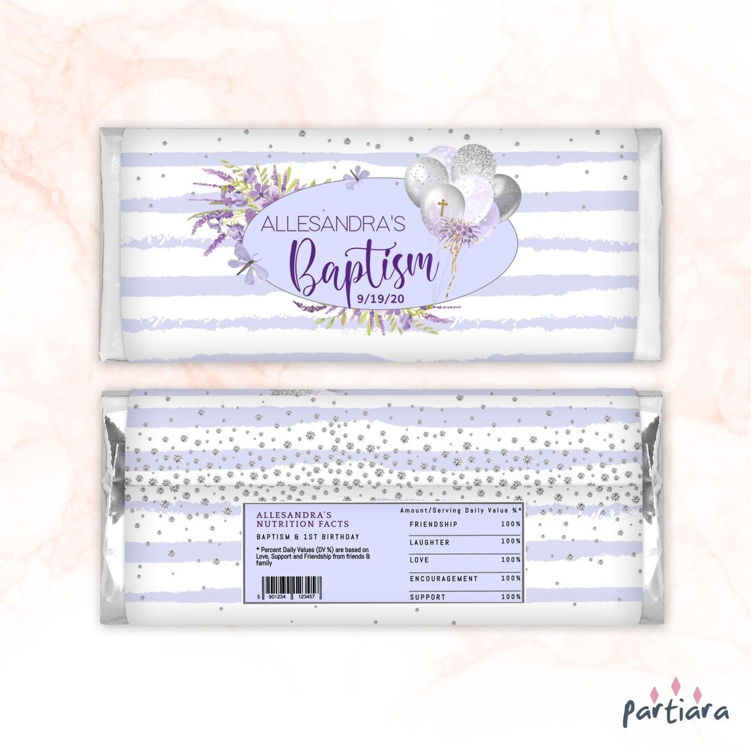 Lilac Silver Party Candy Wrapper Label Girls Baptism 1st Birthday Personalized Chocolate