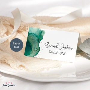 Plantilla verde esmeralda para tarjetas de lugar de cumpleaños, tarjeta imprimible para cena de damas, decoración de mesa digital editable (P257)