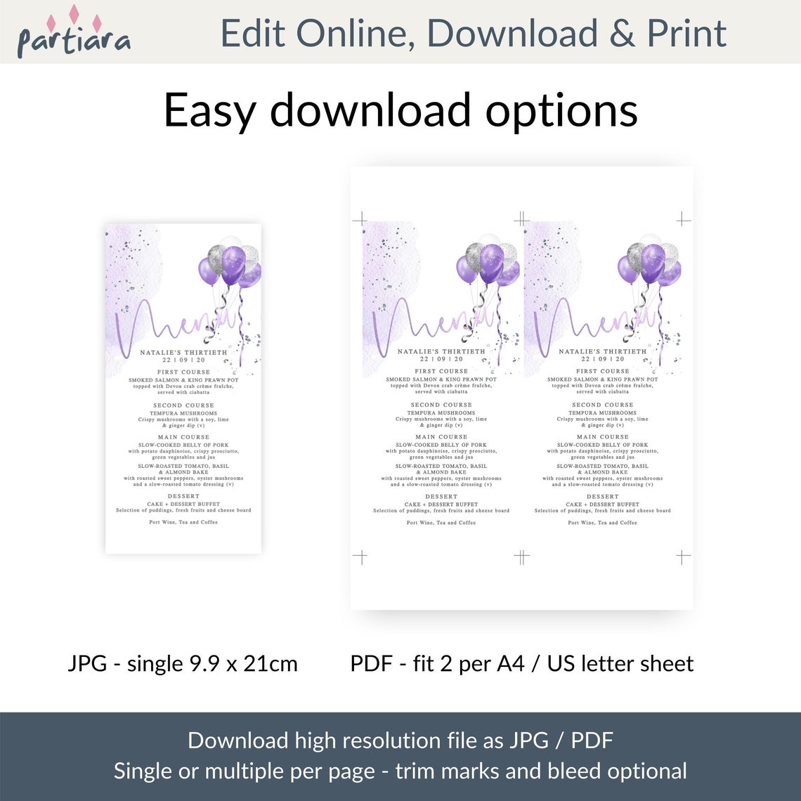 Purple Menu Card, Birthday Dinner Menus Printable, Ladies Table Menu ...