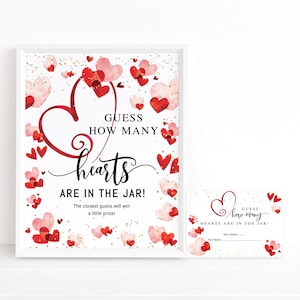 Wie viele Herzen Valentinstag Süßigkeiten Raten Spiele Zeichen Printable, Mädchen-Babyparty-Bonbons im Glas Rosa Rot Tisch Poster Bearbeitbar P121