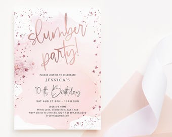 Girl's Slumber Party Invitation Printable Sleepover Birthday Pamper Spa Party Invite Editable Download Template Pastel Pink Rose Gold P458