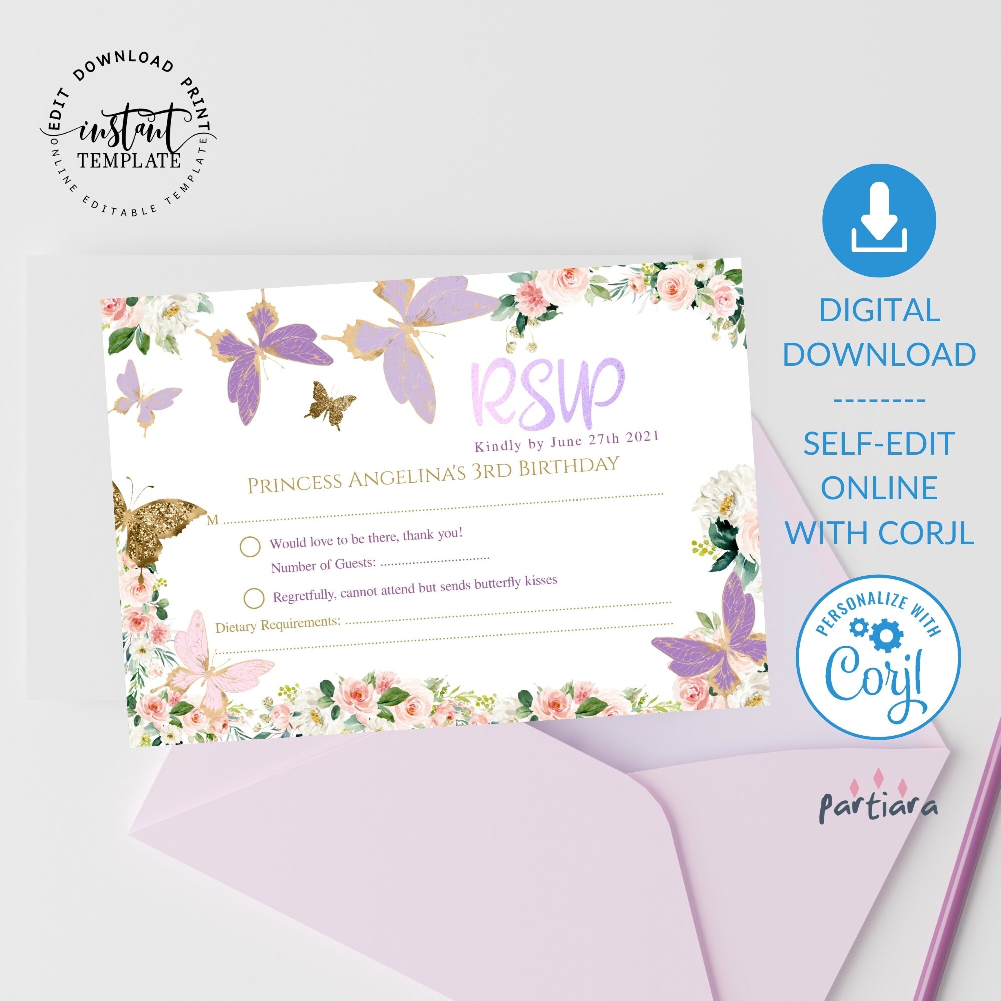 Butterflies RSVP Baby Shower Invitation Insert Card Editable Etsy