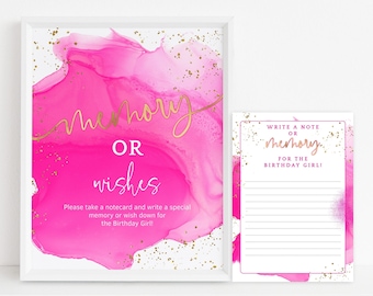 Memory or Wishes Birthday Sign and Notecard Set for Women, Girls Best Wishes and Memories Keepsake Printable, Hot Pink Gold, Editable P200