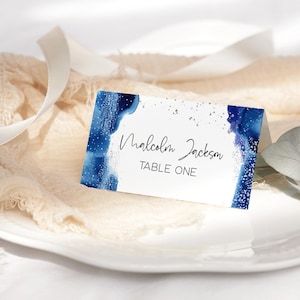 Segnaposto con nome blu argento modificabili per uomini o donne Royal Navy Blues Dinner Party Table Food Tent stampabili Digital Download P237