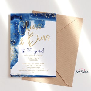 Cheers and Beers uitnodigingssjabloon, herenverjaardagsuitnodiging afdrukbare, 30e 40e 50e 60e evenementenkaart, bewerkbare marineblauwe download P260