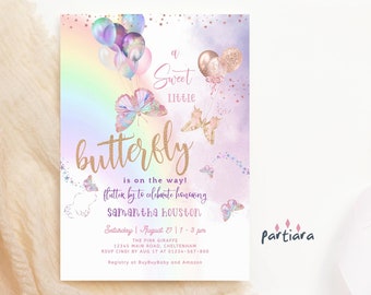 Rainbow Butterfly Baby Shower Invitation Girl Pastel Rose Gold Pink Party Invite Editable Digital Download Template P87