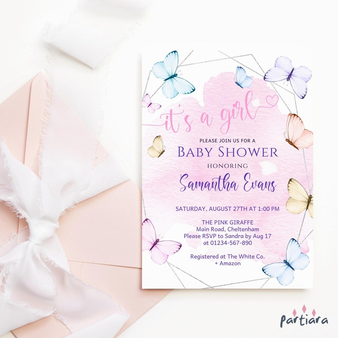 Baby Girl Invite Baby Shower Butterfly Invitations Pastel Rainbow Pink