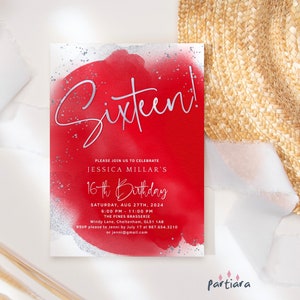 Faire-part 16e anniversaire en argent rouge à imprimer, carte d'invitation à une soirée disco pour filles, modèle P216 en téléchargement numérique modifiable