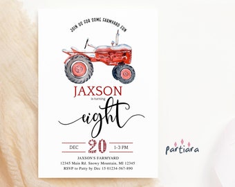 Farm 8th Birthday Invite Boys Red Tractor Farmyard Invitation Printable Winter Snow Theme Editable Digital Download Corjl Template P94