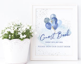 Boy Baptism Balloons Guest Book Sign Editable Please Sign our Guest Book Christening Table Printable Pastel Blue Silver Decor P10 P291