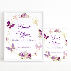 Sweet 15 Birthday Sign, Floral 15th Dessert Table Poster Decor Printable, Pink Purple Butterfly Decor, Editable Template Download P276