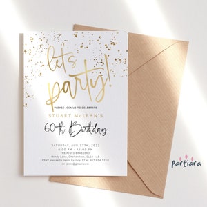 Adult Party Invitation, Lets Party Invites Printable, Men or Ladies Milestone Events Template, All White Gold Dinner Card, Editable P493