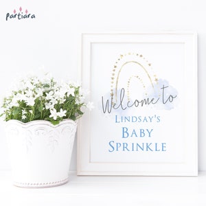 Boy Baby Sprinkle Sign, Welcome Rainbow Party Table Poster Printable, Pastel Blue Gold Decor, Editable Digital Download Template P136