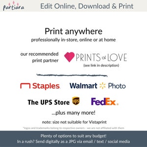 May include: A graphic with the text "Print anywhere" and a list of popular print shops including Staples, Walmart, The UPS Store, FedEx, and more. The graphic also includes the text "our recommended print partner PRINTS of LOVE (see link in description)".