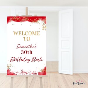 Editable Red Gold Welcome Sign Template, Christmas Holiday Party ...