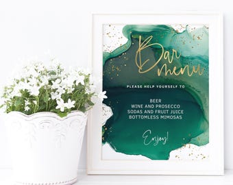 Bar Menu Sign, Emerald Green Bar Menus Printable, Adult Party Drinks Table Menu Template, Editable Digital Download P257