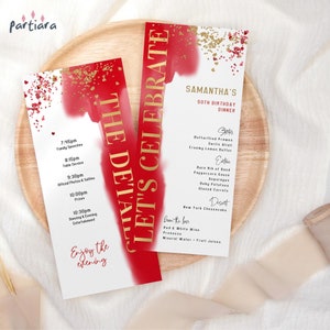 Carte de menu du programme fête d'anniversaire imprimable, programmes de table de dîner pour dames, événements d'anniversaire de mariage, décoration or rouge à télécharger P216