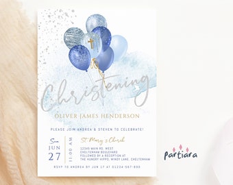 Blue Silver Christening Invitations Boy Editable Template, Printable Baby Boy Christening Party Invites with Gold Pastel Balloons P10
