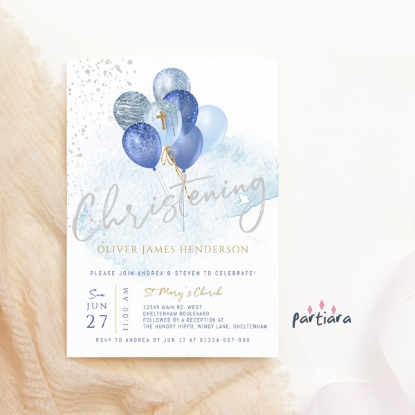 Blue Silver Christening Invitations Boy Editable Template, Printable Baby Boy Christening Party Invites with Gold Pastel Balloons P10