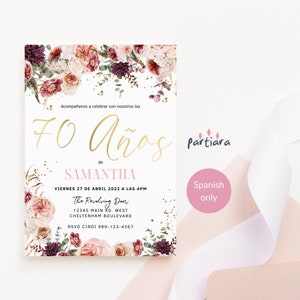 Invitación imprimible para el 70.° cumpleaños de damas con diseño floral en rosa ruborizado, para brunch, almuerzo o cena, plantilla editable, descarga digital P173