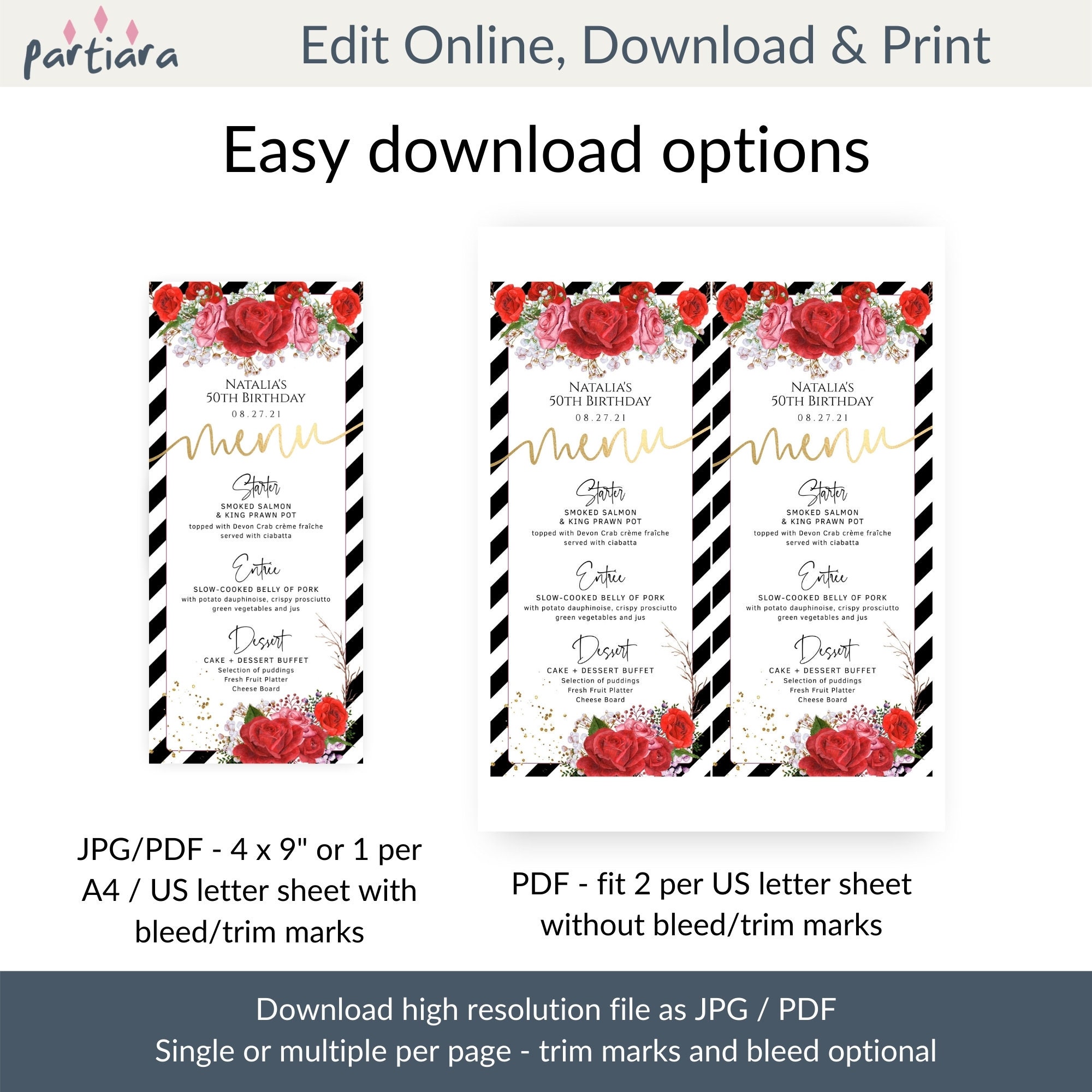 Anniversary Party Menus Printable Ladies Birthday Dinner Menu - Etsy