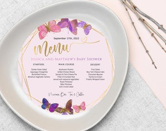 Butterfly Menu Insert Plate Charger Printable, Girl Baby Shower Butterflies Round Circle Menus, Pink Purple Decor, Editable Template P337