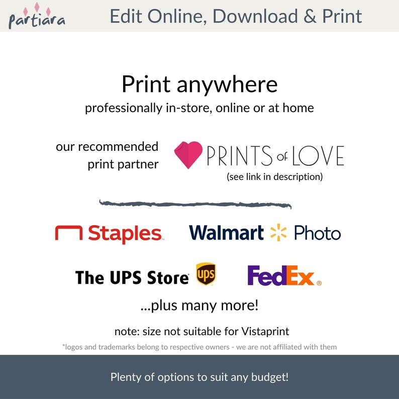 Puede incluir: Un gr&aacute;fico con el texto "Imprime en cualquier lugar" y una lista de tiendas de impresi&oacute;n populares, incluyendo Staples, Walmart, The UPS Store y FedEx. El gr&aacute;fico tambi&eacute;n incluye el texto "nuestro socio de impresi&oacute;n recomendado PRINTS of LOVE (ver enlace en la descripci&oacute;n)".