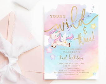 Young Wild Three Invite Girls Unicorn Party Invitations Printable Pastel Rainbow Sky Decor Editable Digital Download Template P179