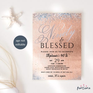 90th Birthday Invitation for Women, Ninety Blessed Party Invite, Ladies Blush Silver Dinner Printable Decor Editable Digital Download P139