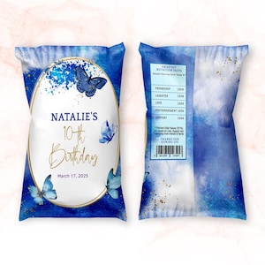 Schmetterling Chip Beutel Vorlage, Geburtstag Chips Favor Label bedruckbar, Mädchen Pool Party Royal Blau Dekor, bearbeitbarer digitaler Download P617