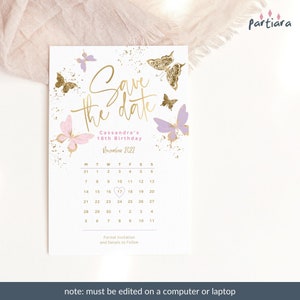 May include: Save the date card with a gold butterfly design and a calendar highlighting November 17th, 2022. The text reads "Cassandra's 16th Birthday".