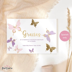 Butterfly Thank You Card in Spanish, Girl Baby Shower Butterflies Party Notecard Printable, Pastel Pink Lilac Decor, Editable Template P345