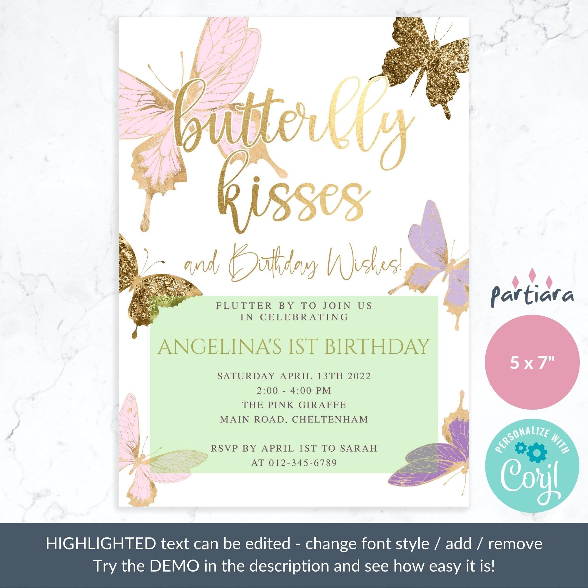 Butterfly Kisses Birthday Wishes Invitation Girls 1st photo