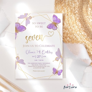 Mädchen 7. Geburtstagseinladung Schmetterling Party Vorlage, Lavendel süß, Sieben zu sein einladen druckbare, lila lila Karte bearbeitbare Download P44