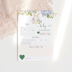 Modèle modifiable de jeu de douche de bébé lapin, prédictions de naissance, garçon ou fille neutre en matière de genre, bleu pastel rose hortensia Rose décoration florale P44