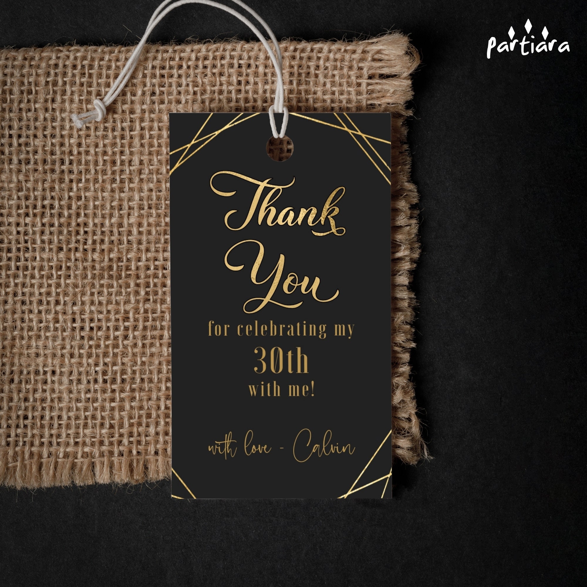 Editable Black and Gold Party Decorations • Thank You Gift Tags • Adul
