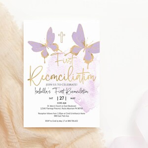 Primo invito alla riconciliazione per ragazze Confessione dei peccati Invito stampabile Farfalle lilla oro Decorazione Download digitale modificabile P438