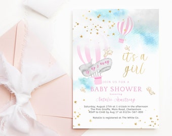 Pink Balloons Baby Shower Invitation Girl Up Up Away Theme Tea Party Printable Invite Editable Digital Download Template P25