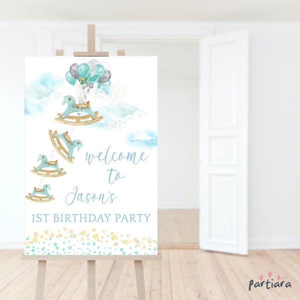 Baby Rocking Horse Welcome Sign Boy Baby Shower Party Poster Printable Boys 1st Birthday Decor Blue Green Balloons Editable Download P366