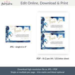 Blue Gold Birthday Thank You Card Printable Ladies or Mens - Etsy Australia