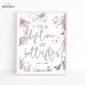 Schmetterlings-Brautdusche-Tischdekor-Zeichen Druckbare Lebenszeit der Schmetterlinge Favor Table Poster Bearbeitbare 8x10-Vorlage Pastell-Wildblumen P256